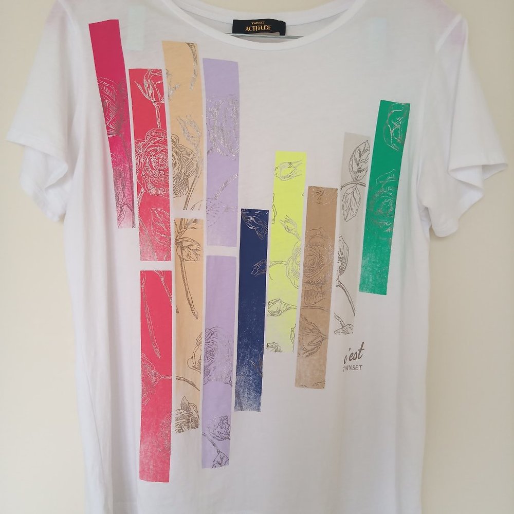 TWINSET white striped floral-print t-shirt, size S